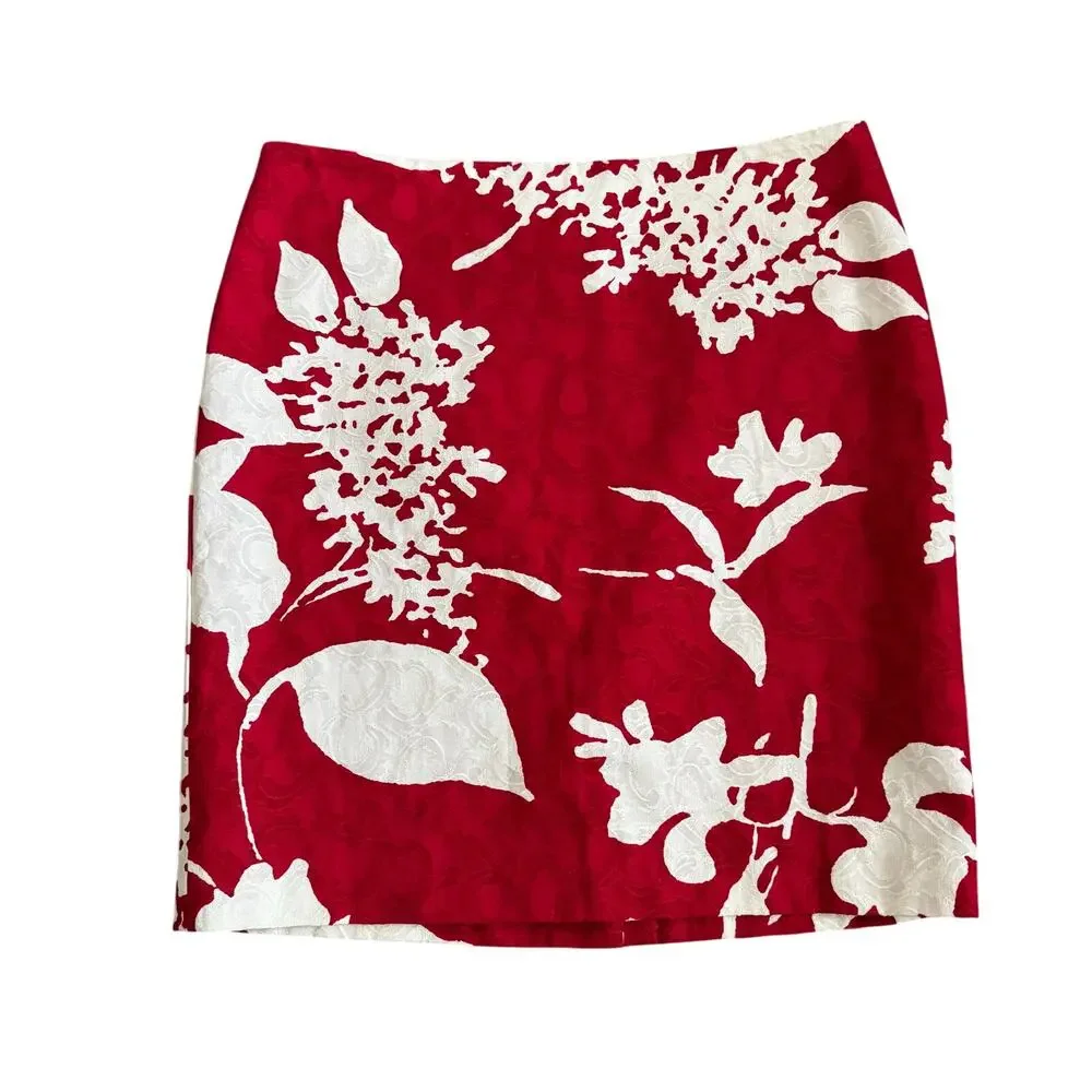 Talbots Skirt Womens 12p PETITE Jacquard Career Knee Length Red White Lined NEW